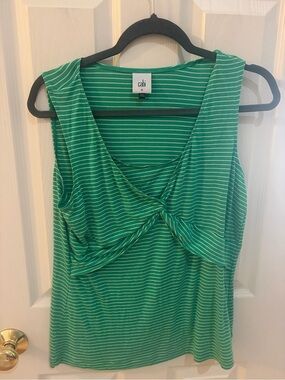 CAbi Green & White Striped Twist Front Sleeveless Top | Size Medium